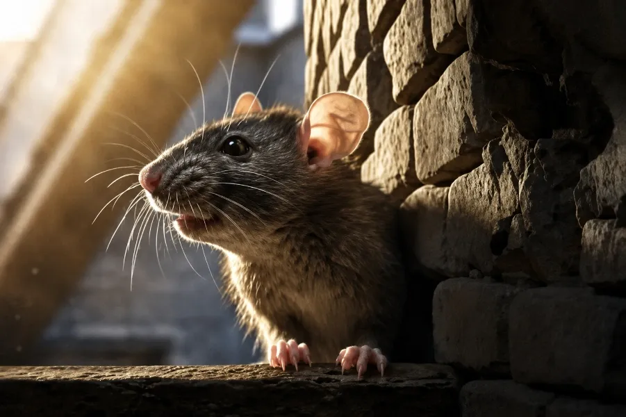 Rodent Control McAllen, TX 1 Rat emerging from a gap in a stone wall — a common entry point handled by Rodent Control McAllen experts